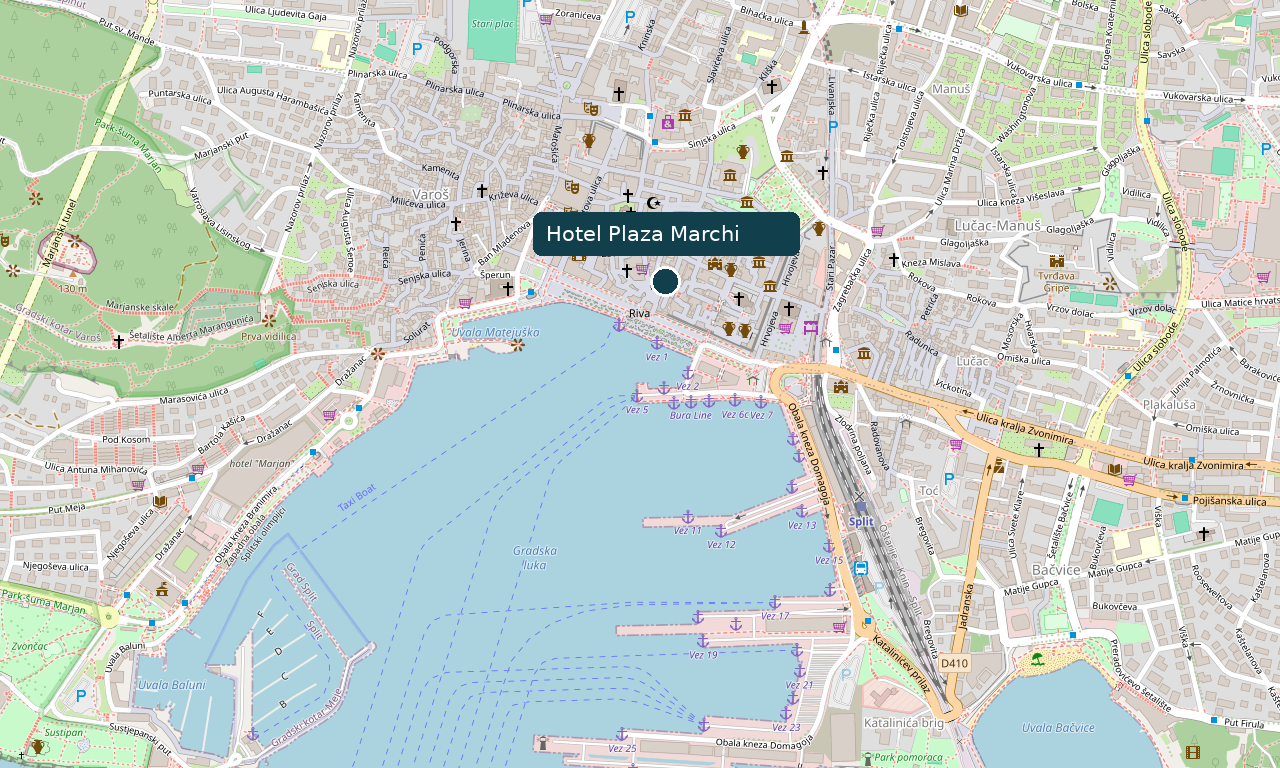 Mapa del centro de Split con el Hotel Plaza Marchi señalado